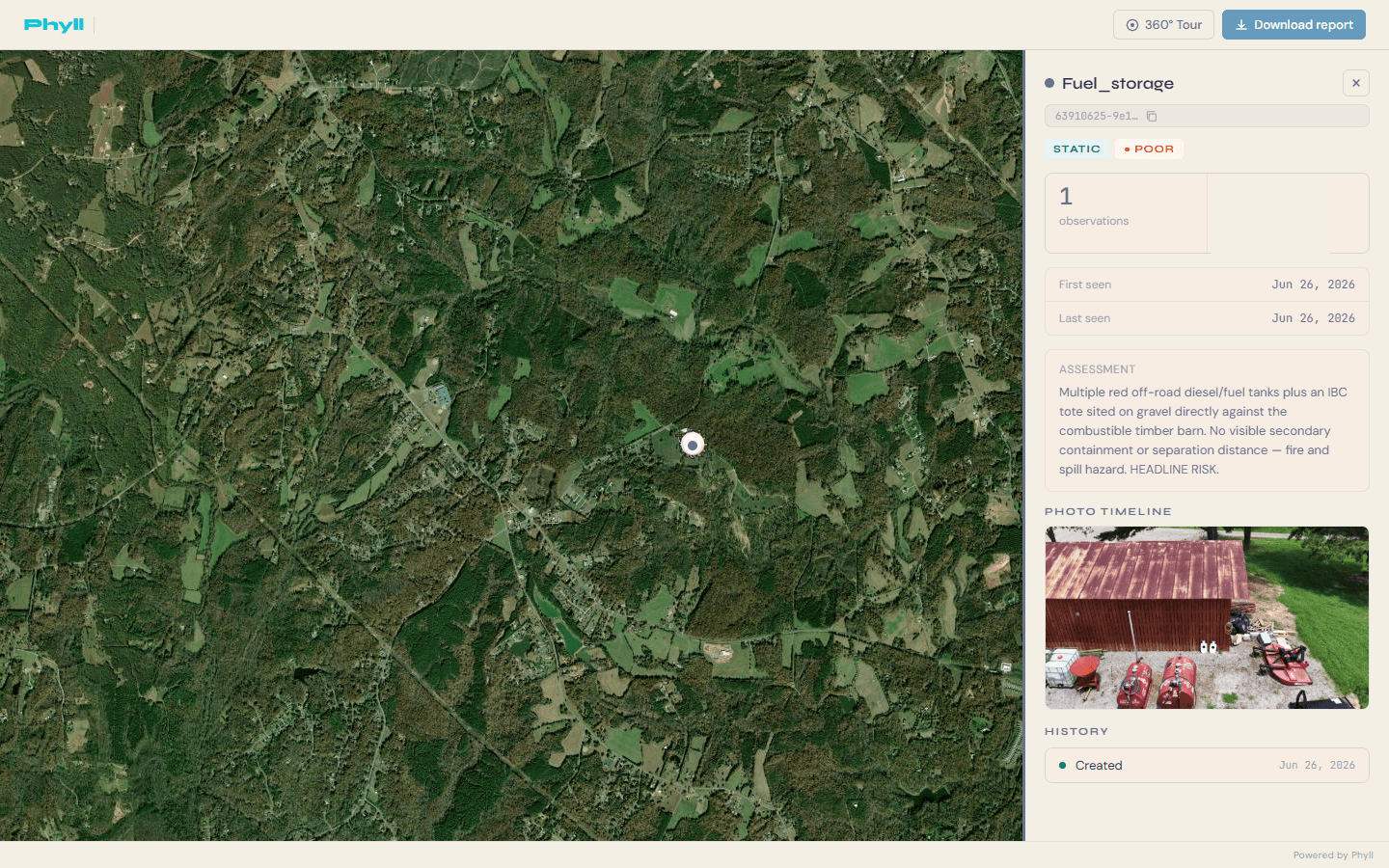 Live Phyll asset detail — a Poor-graded fuel storage asset on a North Carolina pilot site, showing the condition assessment, evidence photo, location, and history